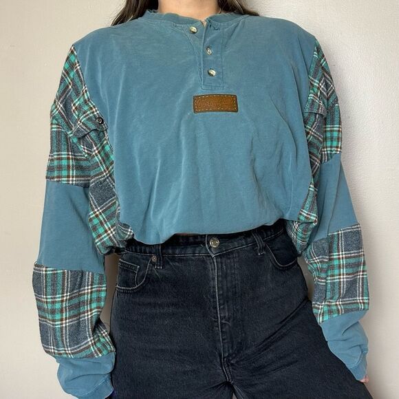 Reworked Upcycled Wrangler Baggy Two Tone Long Sleeve Henley Green Flannel Shirt - Picture 2 of 4